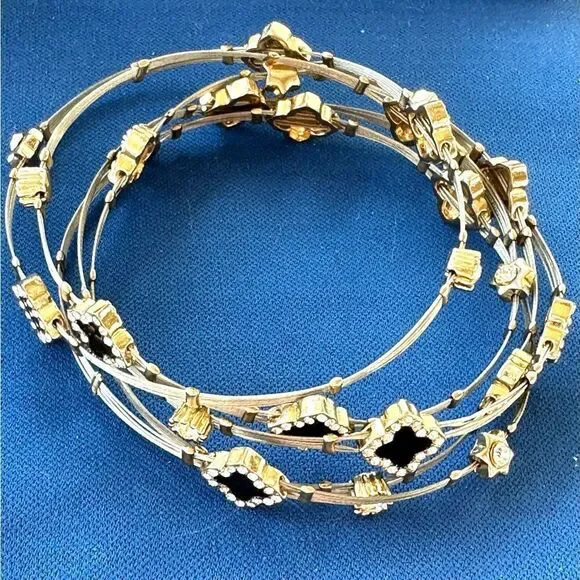 Black clover silver cable gold crystal 5 bands bangle bracelets - Picture 2 of 10
